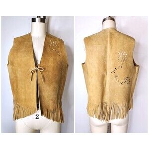 Leather FRINGES Perforates Floral Leather Vest Southwestern Western Unisex S M